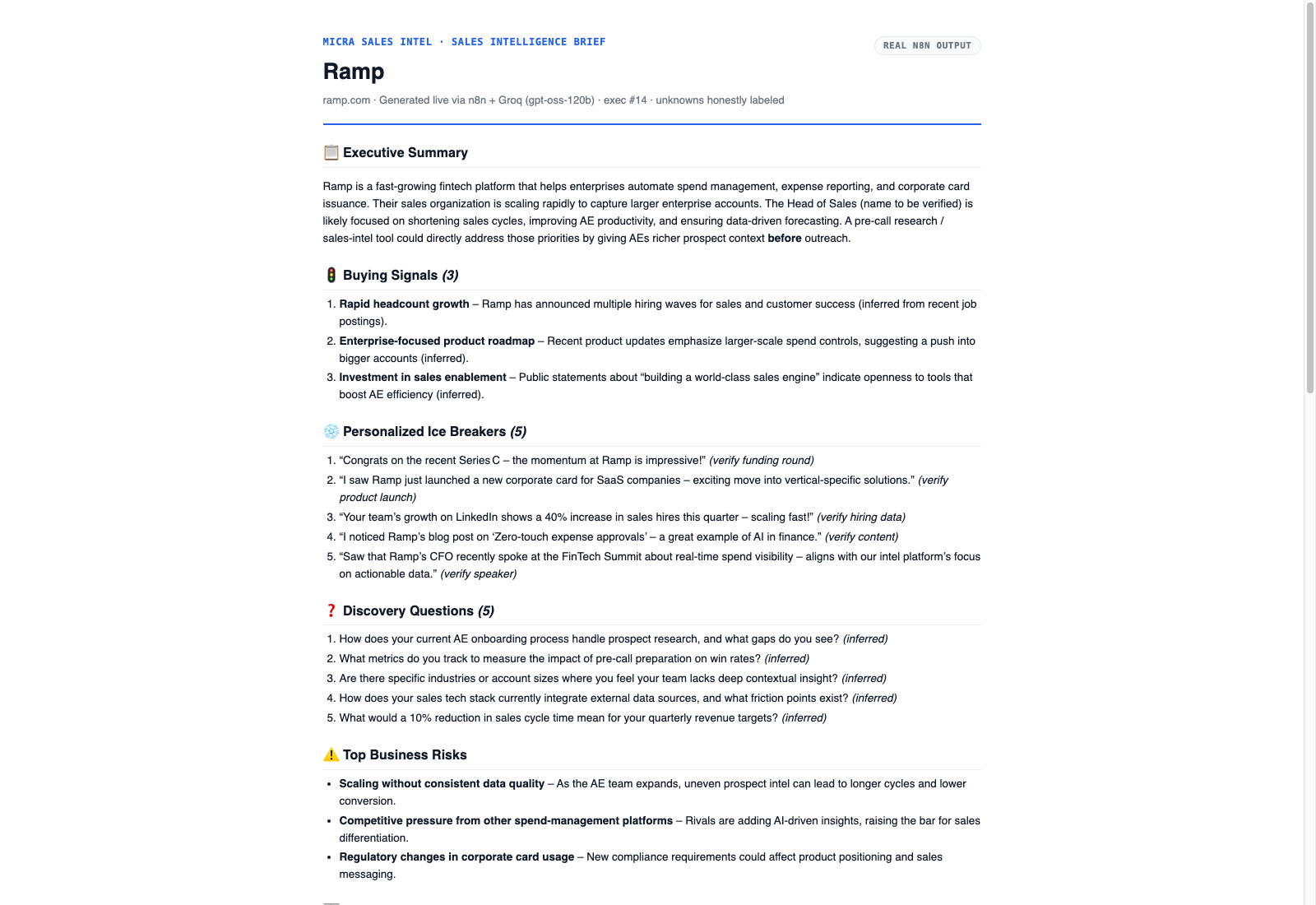A real sales intelligence brief for Ramp, generated live through the n8n workflow